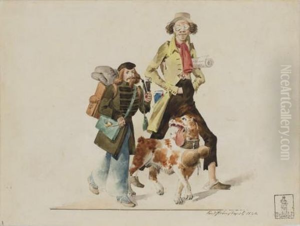 Deux Artistes Bohemiens Se Promenant Avec Un Chien; Et Une Femmeavec Un Manchon Noir Et Trois Chiens Oil Painting by Karl Johann Lindstrom