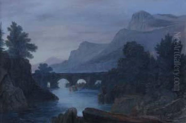 River Scene With Bridge Oil Painting by Henry Harris Lines