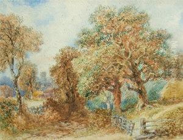 Landscape With Trees And Cathedral In The Background Oil Painting by Henry Harris Lines