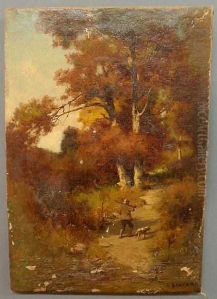 Forest Landscape With A Hunter A Dog Oil Painting by Charles Linford