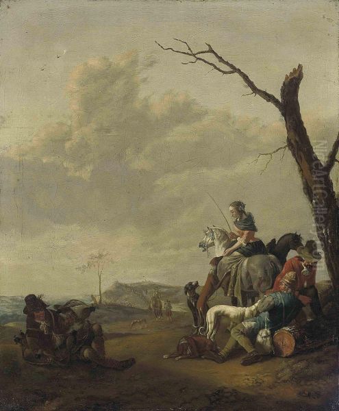 A Hawking Party At Rest On A Track Oil Painting by Johannes Lingelbach