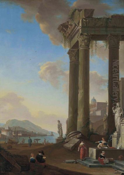 A Mediterranean Harbour Scene With Figures Before Classical Ruins Oil Painting by Johannes Lingelbach