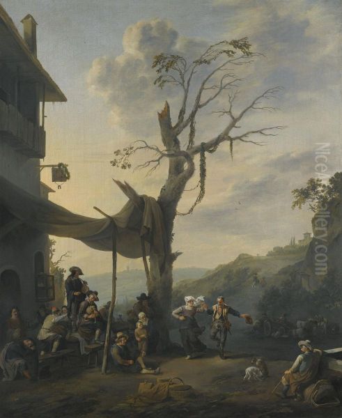 Peasants Dancing The Tarantella Outside An Inn In A Hilly Italianate Landscape Oil Painting by Johannes Lingelbach