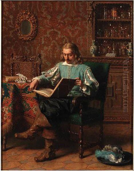 A Cavalrist Reading In A Seventeenth Century Interior Oil Painting by Lambertus Lingeman