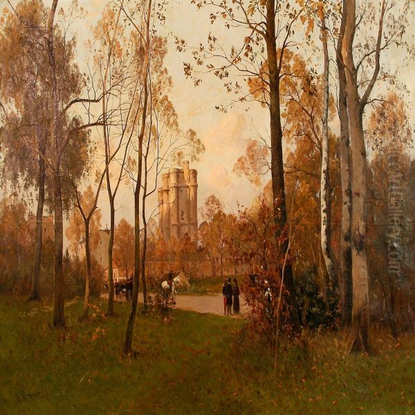 Autumn Day At Sunset In Bois De Boulogne Oil Painting by Henri Linguet