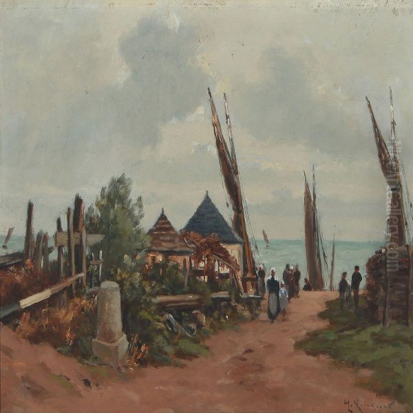 Fishing Village At The Coast Of Brittany Oil Painting by Henri Linguet