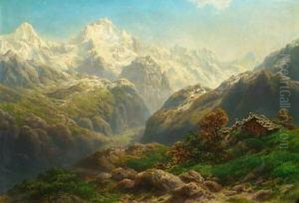 Gebirgslandschaft. Rechts, Auf Einer Anhohe, Eine Hutte. Unten Links Signiert P. Linke Oil Painting by Paul Rudolf Linke