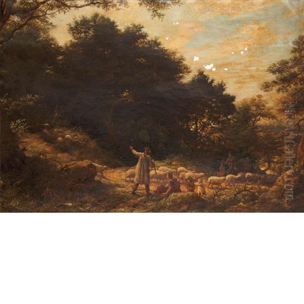 A Woody Lane Oil Painting by James Thomas Linnell