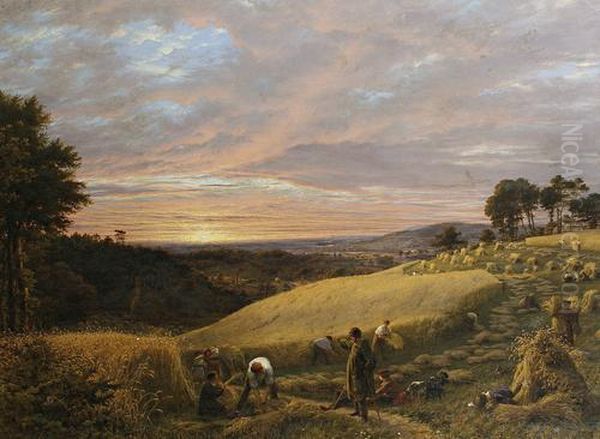 Harvesting At Sunset Oil Painting by James Thomas Linnell