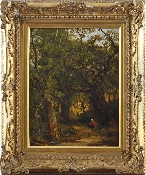 A Woman On A Woodland Track Oil Painting by James Thomas Linnell