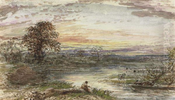 An Angler By A River At Sunset Oil Painting by John Linnell