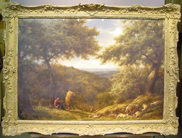 Shepherds And Their Flock At Rest Oil Painting by William Linnell