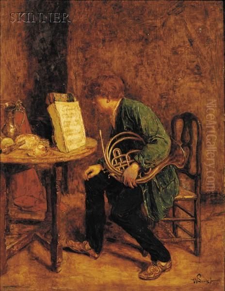 Man With French Horn Oil Painting by Willem Linnig Jr.