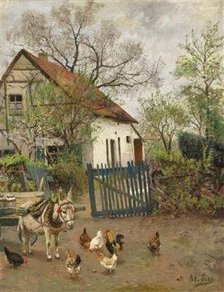 Rural Idyll With Donkey And Poultry Oil Painting by Adolf Lins