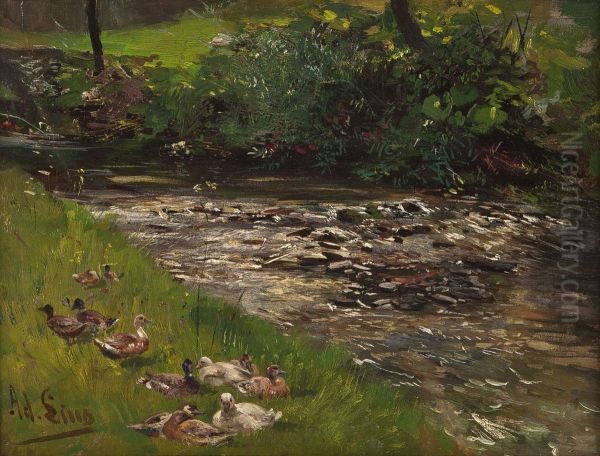 Entengruppe An Sommerlichem Bachlauf Oil Painting by Adolf Lins