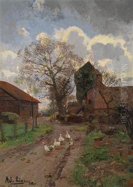 Geese In Single File Oil Painting by Adolf Lins