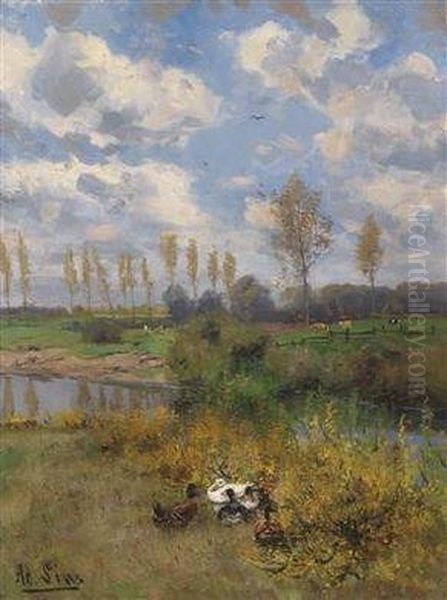 Ducks On The Stream Oil Painting by Adolf Lins