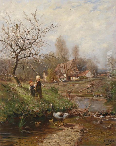 Spring Landscape With Two Children And Geese Oil Painting by Adolf Lins