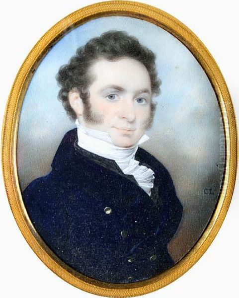 A Portrait Miniature Of A Gentleman Wearing Navy Blue Jacket And White Lace Stock Oil Painting by Charles Linsell