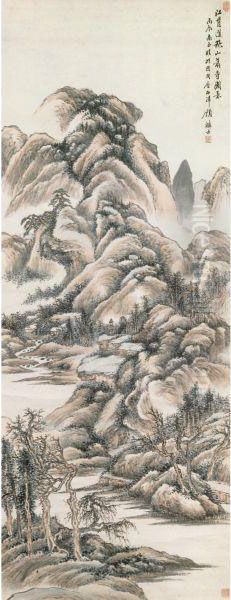 Autumn Mountain Temple Oil Painting by Gu Linshi