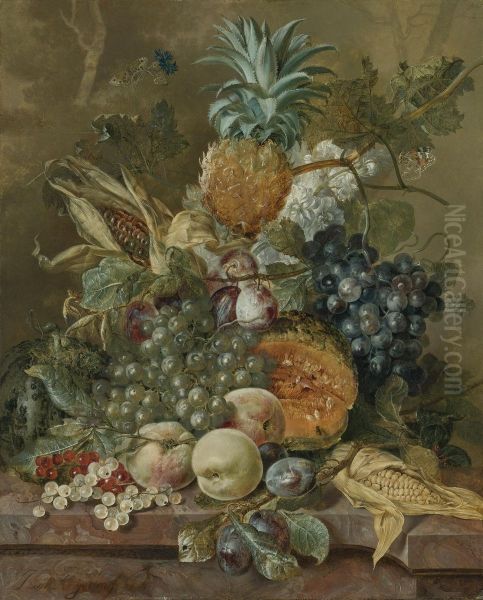 A Pineapple, Plums, Grapes And Other Fruit With Corn On A Marble Ledge Oil Painting by Johannes or Jacobus Linthorst