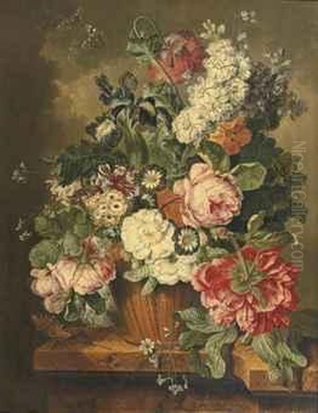 A Lily, Roses, Violets And Other Flowers In An Earthenware Vase Ona Marble Ledge With Butterflies And A Snail Oil Painting by Johannes or Jacobus Linthorst