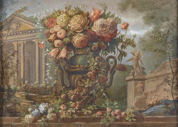 Rosen- Und Tulpenstillleben Vor Einer Barocken Tempelfront Oil Painting by Johannes or Jacobus Linthorst