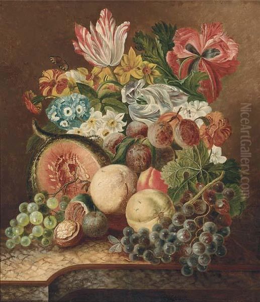 Grapes On The Vine, A Melon, Walnuts, Peaches, A Butterfly And Abunch Of Flowers On A Stone Ledge Oil Painting by Johannes or Jacobus Linthorst