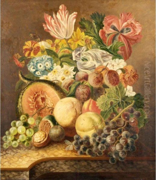 A Still Life Of Grapes, Peaches, Walnuts, Plums, And A Bouquet Various Of Flowers Oil Painting by Johannes or Jacobus Linthorst