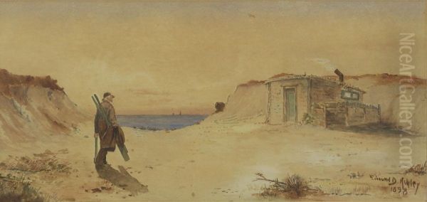 Old Man Carrying Oars In The Dunes Near A Shanty. Signed Lower Right Edmund D. Ashley Oil Painting by Frank B. Ashley Linton