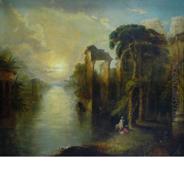 Figure In A River Landscapewith Classical Ruins Oil Painting by William Linton