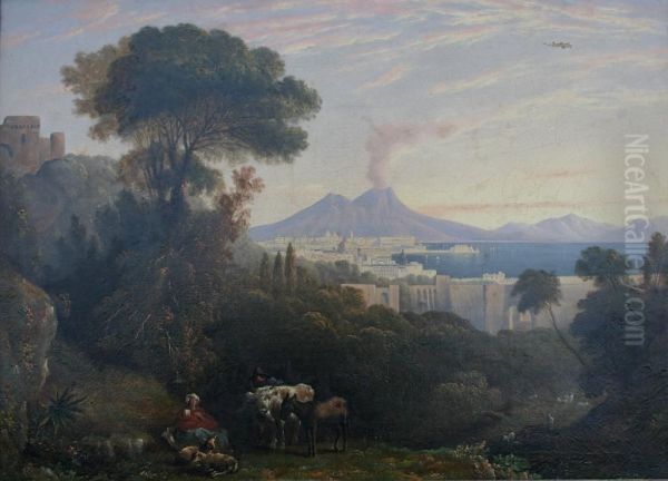 A View Of The Bay Of Naples With Vesuvius Beyond Oil Painting by William Linton