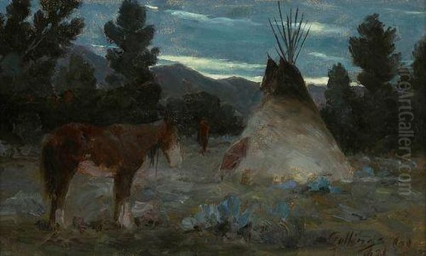 Crow Camp Oil Painting by William Evans Linton