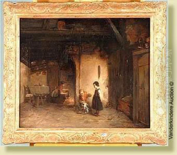 Enfants Jouant Avec Le Chat Dans Uninterieur Oil Painting by Alexandre Louis Lion