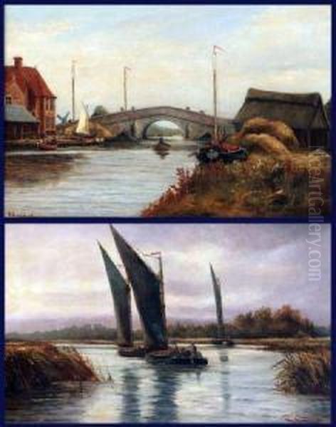 Potter Heigham Bridge And Wherries On The Broads Oil Painting by Percy Lionel