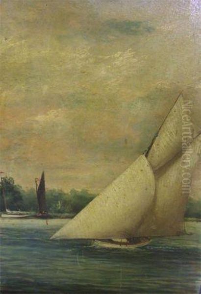 Racing Yacht And Other Boats On The Norfolk Broads Oil Painting by Percy Lionel