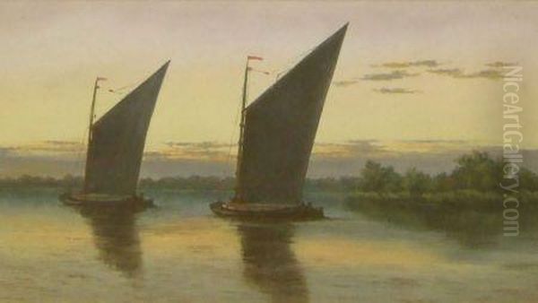 Wherries At Dusk On The Norfolk Broads Oil Painting by Percy Lionel