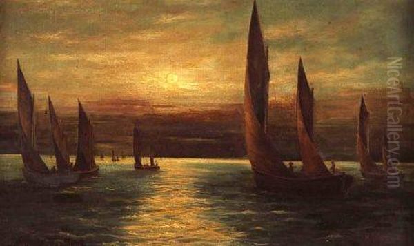 Shipping In Moonlight Probably Off The Norfolk Coast by Percy Lionel