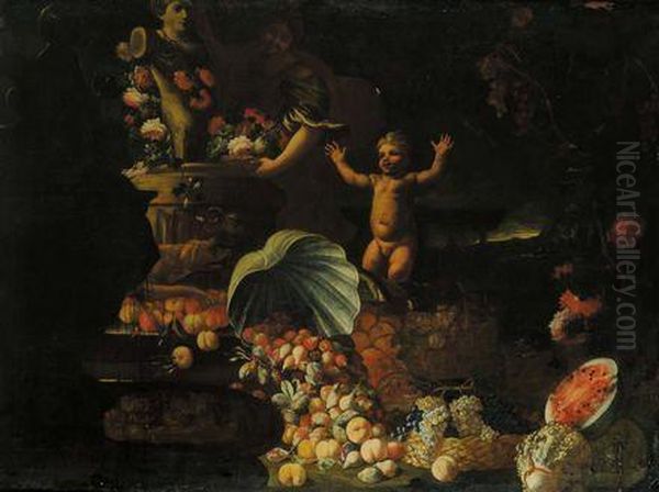 Natura Morta Con Figure, Trionfi Di Frutta E Fiori Su Sfondo Di Paesaggio Oil Painting by Alberto Lionelli