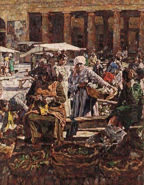 Mercato A Roma Oil Painting by Enrico della (Lionne) Leonessa