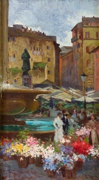 Campo De' Fiori A Roma Oil Painting by Enrico della (Lionne) Leonessa