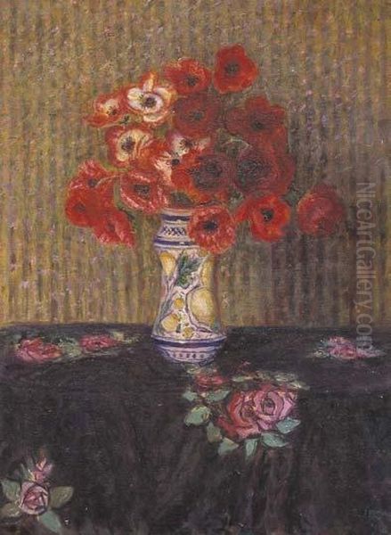 Vaso Di Anemoni Su Drappo Nero Con Rose Rosa Oil Painting by Enrico della (Lionne) Leonessa