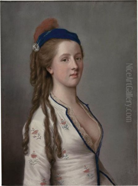 Portrait Of Lady Ann Somerset, Countess Of Northampton, Half-length, Wearing A Floral Dress With A Lace Shirt And A Blue Hat With A Red Feather Oil Painting by Etienne Liotard