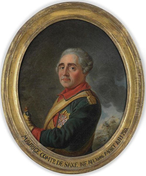 Portrait Of Comte Maurice De Saxe As A Marechal De France, Half-length, With The Order Of The White Eagle And Holding A Marshal's Baton, A Battle-scene Beyond Oil Painting by Etienne Liotard