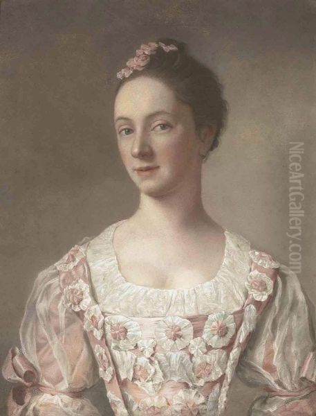 Portrait Of A Young Lady, Bust-length, In A Pink Dress Decorated With Rosettes Oil Painting by Etienne Liotard