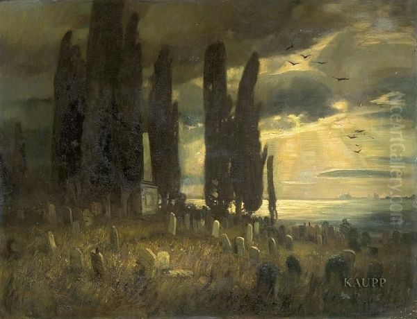 Am Meer Unter Hohen Zypressen Gelegener Friedhof In Abendlicher Stimmung Oil Painting by Emmy Lischke