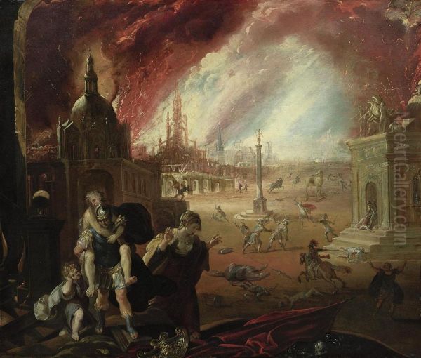 The Flight Of Aeneas, With The Fall Of Troy Beyond Oil Painting by Johann Liss