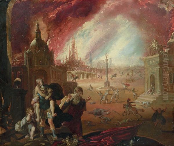 The Flight Of Aeneas, With The Fall Of Troy Beyond Oil Painting by Johann Liss