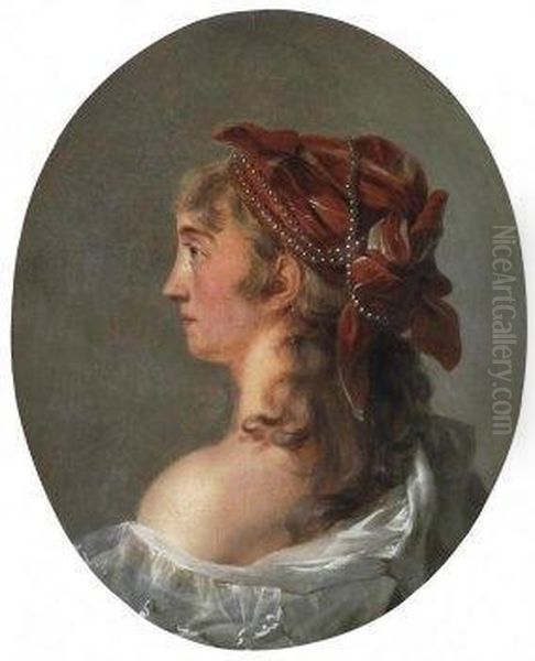 Portrait Of A Young Lady With Red, Pearlset Scarf In Profile Oil Painting by Anna Dorothea Liszewska-Therbusch