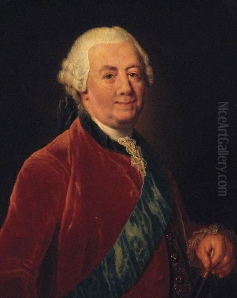 Portrait Of A Gentleman, Half-length, Wearing A Red Coat With Ablue Order Sash, Holding A Baton Oil Painting by Anna Dorothea Liszewska-Therbusch